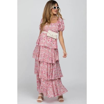 Target PinkBlush Pink Floral Square Neck Ruffle Layered Maternity Maxi Dress Pink Large