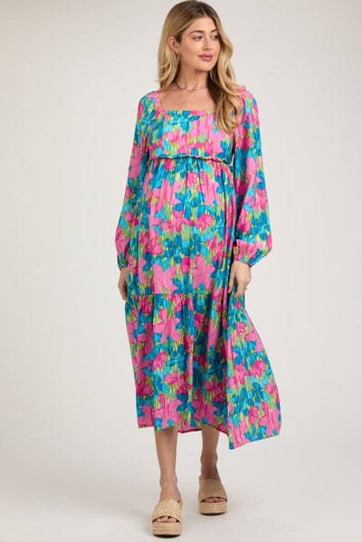 PinkBlush Blue Floral Long Sleeve Maternity Midi Dress