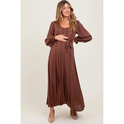 Target Pinkblush Brown Lace Detail Button Down Maternity Maxi Dress Small
