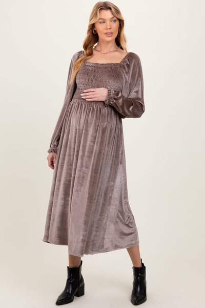 PinkBlush Taupe Velvet Smocked Long Sleeve Maternity Maxi Dress