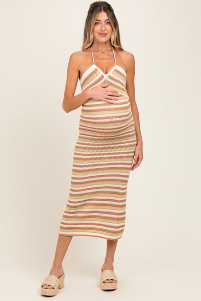 PinkBlush Light Olive Striped Halter Crochet Knit Maternity Midi Dress
