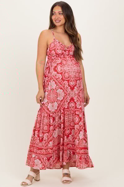 PinkBlush Cranberry Floral Cutout Racer Back Maternity Maxi Dress