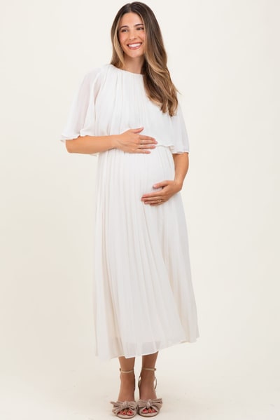 PinkBlush Cream Pleated Cape Maternity Midi Dress