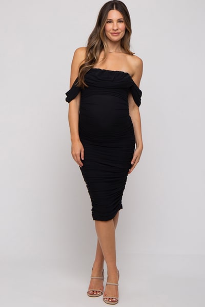 PinkBlush Black Ruched Off Shoulder Maternity Dress