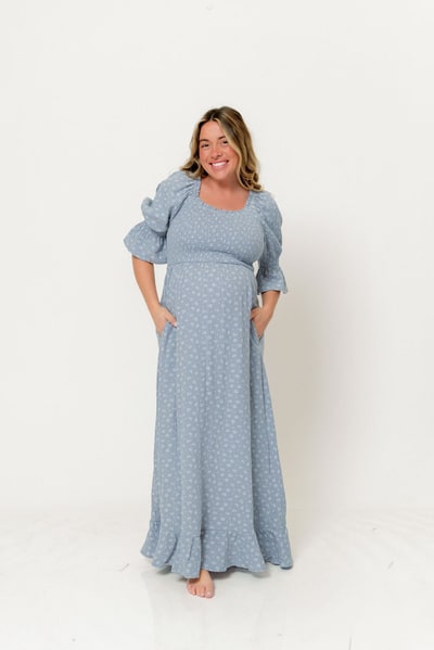 Worth Collective Sienna 100% Cotton Puff Sleeve Maxi Dress in Light Indigo Foliage - Bump Friendly