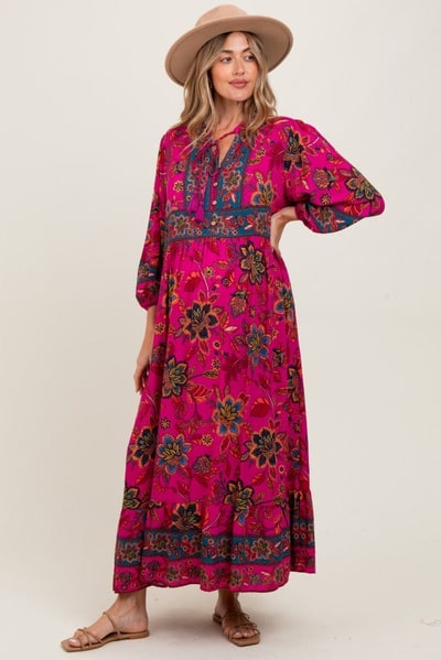 PinkBlush Magenta Floral Tassel Tie Long Sleeve Maternity Maxi Dress