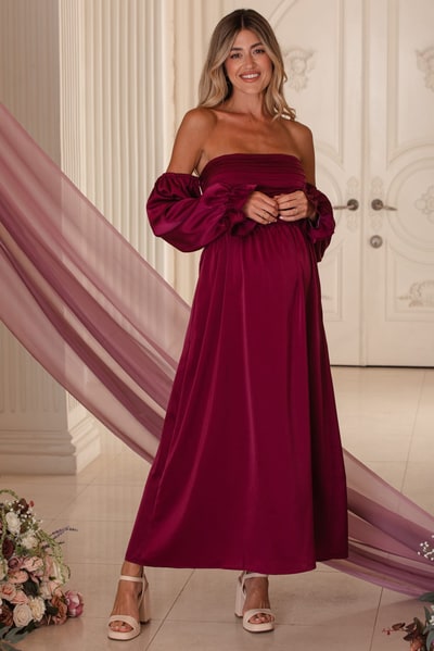 PinkBlush Burgundy Off Shoulder Satin Pleated Bodice Maternity Maxi Dress