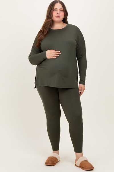 PinkBlush Olive Brushed Knit Oversized Top and Legging Maternity Plus Set