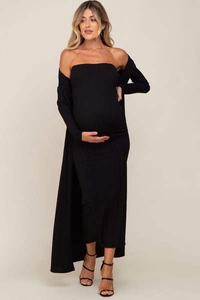 PinkBlush Black Ribbed Sleeveless Dress Cardigan Maternity Set