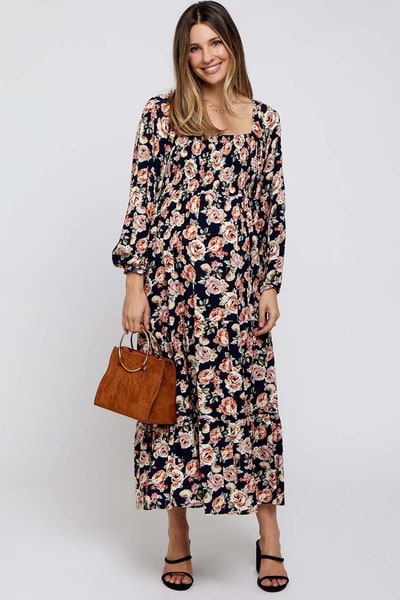 PinkBlush Navy Floral Long Sleeve Maternity Maxi Dress