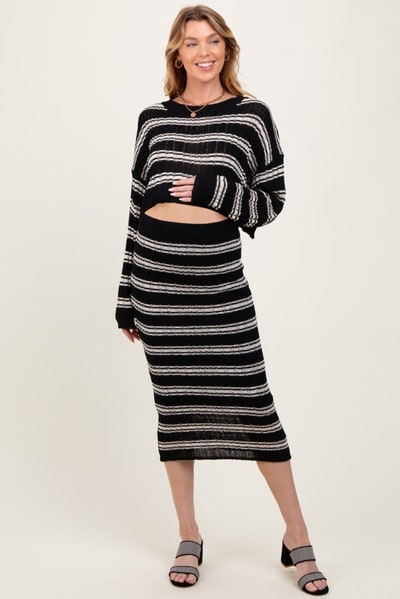 PinkBlush Black/Cream Long Sleeve Crop Top Midi Skirt Maternity Set