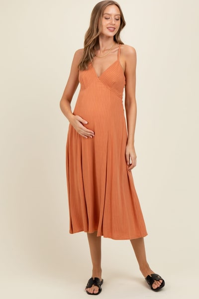 PinkBlush Rust/White Linen Striped Maternity Midi Dress