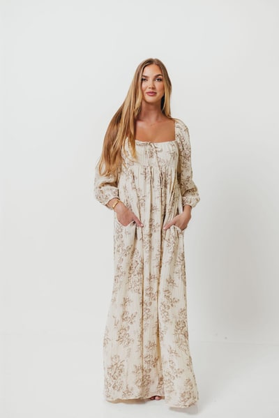 Worth Collective Peyton 100% Cotton Maxi Dress in Brown Floral - Bump Friendly