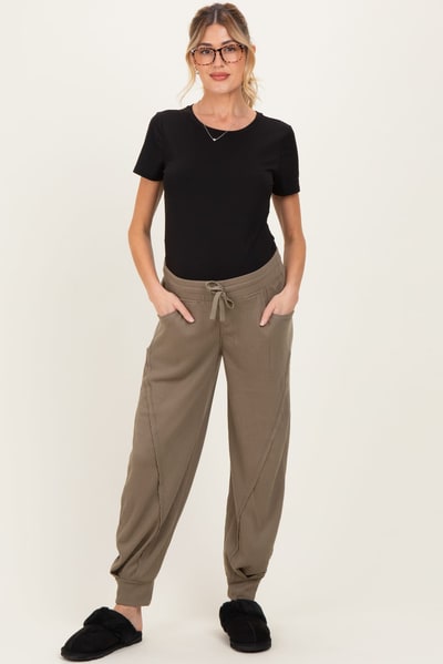 PinkBlush Olive Waffle Knit Raw Seam Maternity Joggers