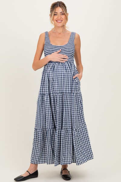 PinkBlush Blue Gingham Sleeveless Tiered Maternity Maxi Dress