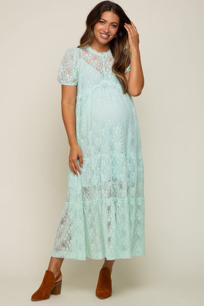PinkBlush Mint Lace Tiered Maternity Midi Dress