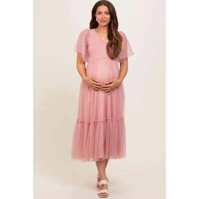 Target Pinkblush Mauve Dotted Tulle Smocked Maternity Midi Dress Small