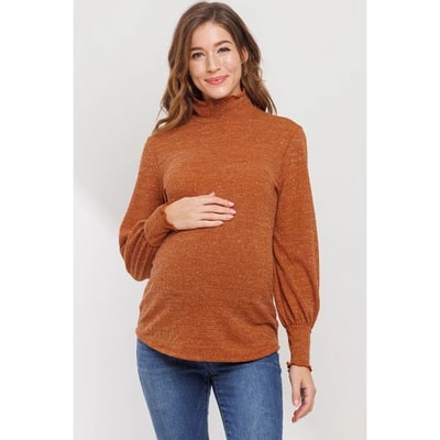 Target Hello Miz Women's Mock Neck Long Sleeve Shimmer Maternity Top - Rust - Medium