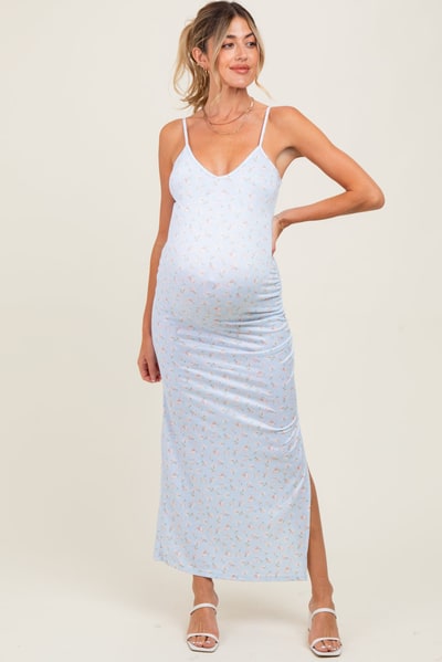 PinkBlush Light Blue Spring Floral Print Sleeveless Maternity Dress