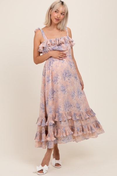 PinkBlush Light Pink Floral Chiffon Pleated Ruffle Maternity Midi Dress