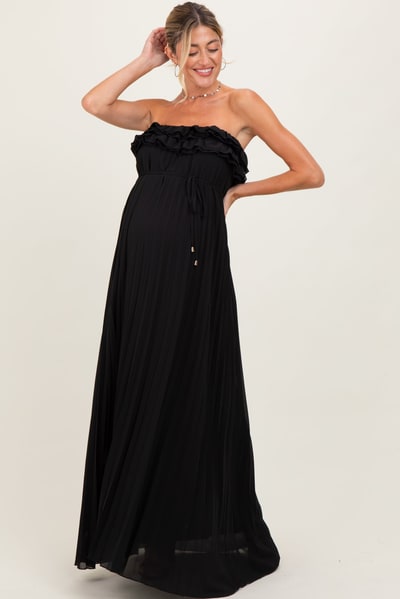 PinkBlush Black Ruffled Chest Pleated Maternity Maxi Dress With Self Tie