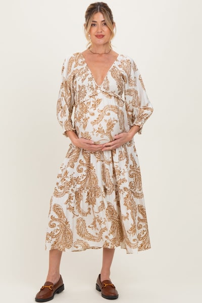 PinkBlush Mocha Damask Smocked Ruffle Tier Maternity Midi Dresses