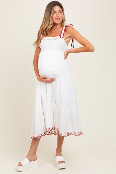 PinkBlush Ivory Embroidered Tiered Maternity Midi Dress