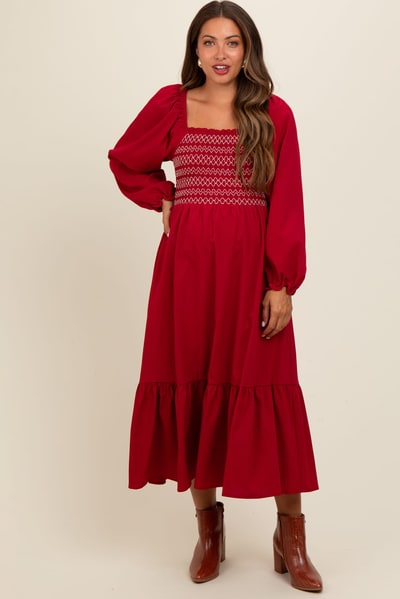 PinkBlush Burgundy Contrast Smocked Balloon Sleeve Maternity Midi Dress