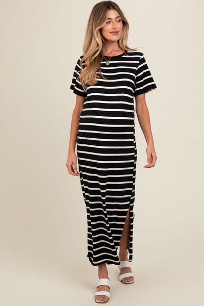 PinkBlush Black Striped Side Slit Maternity Maxi Dress
