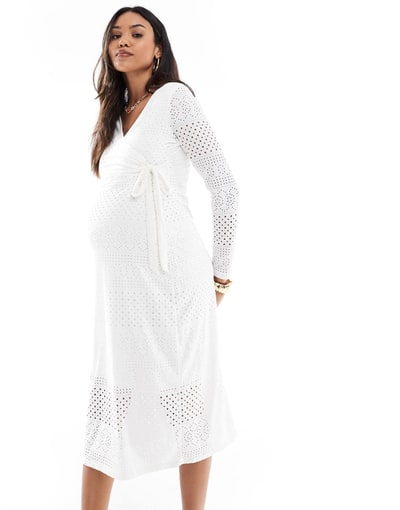 ASOS Mamalicious Maternity jersey eyelet wrap midi dress in white