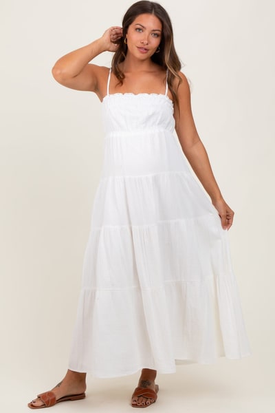 PinkBlush Ivory Crochet Trim Tiered Maternity Maxi Dress