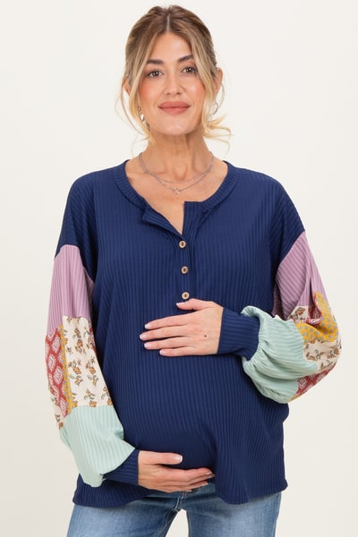 PinkBlush Navy Ribbed Long Sleeve Colorblock Maternity Top