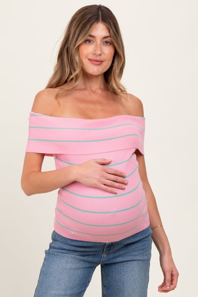 PinkBlush Light Pink Striped Off The Shoulder Sweater Maternity Top