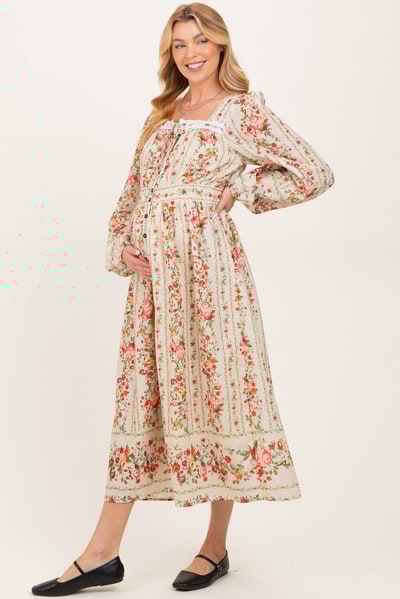 PinkBlush Cream Floral Stripe Button Down Long Sleeve Maternity Midi Dress