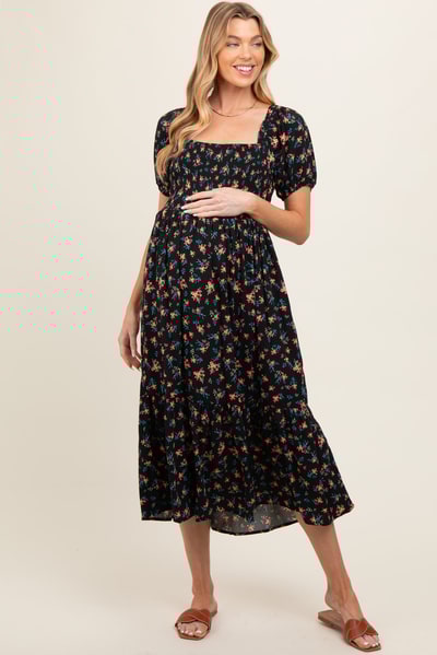 PinkBlush Black Floral Smocked Short Sleeve Maternity Midi Dress
