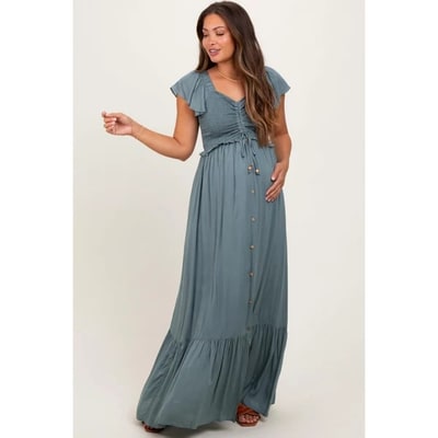 Target PinkBlush Sage Smocked Top Woven Maternity Maxi Dress Light Olive Small
