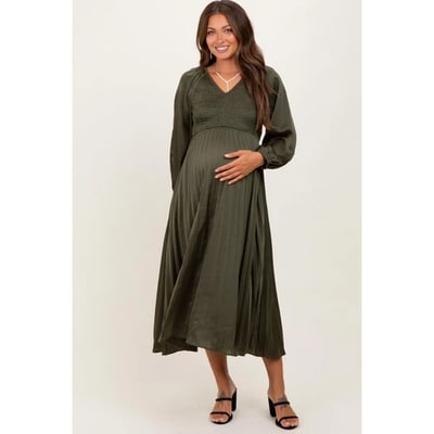 Target Pinkblush Olive Satin Smocked Pleated Maternity Midi Dress Large
