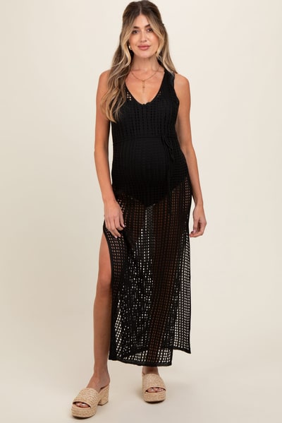 PinkBlush Black Crochet V-Neck Side Slit Maternity Cover Up