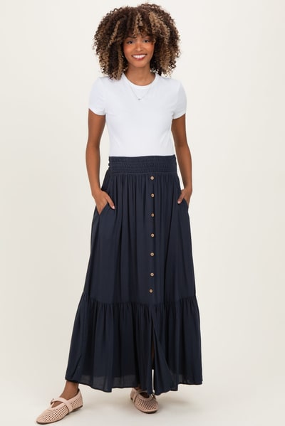 PinkBlush Navy Smocked Waist Button Detail Maternity Maxi Skirt