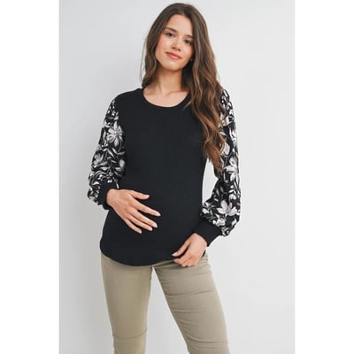 Target Hello Miz Ribbed Floral Puff Sleeve Maternity Top - Black - Large