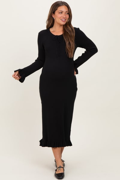 PinkBlush Black Ribbed Knit Ruffle Trim Maternity Midi Sweater Dress
