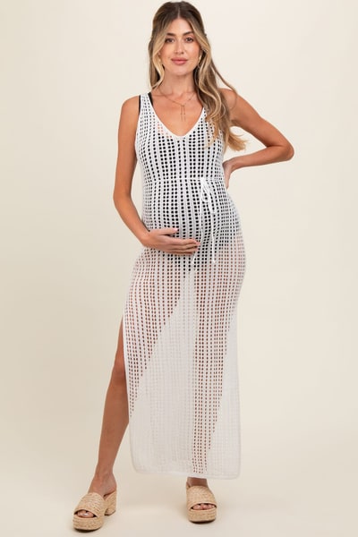 PinkBlush White Crochet V-Neck Side Slit Maternity Cover Up