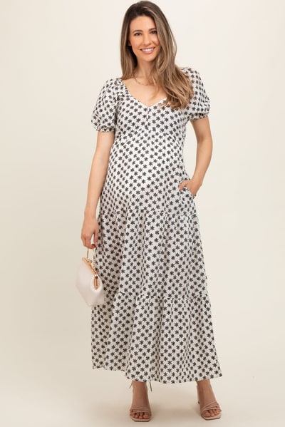 PinkBlush Black Floral Tiered Puff Sleeve Maternity Maxi Dress