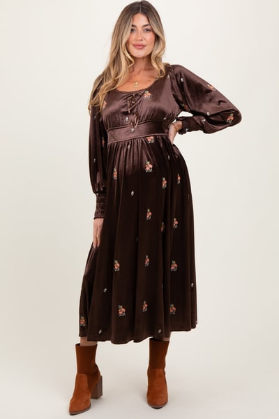 PinkBlush Brown Velvet Embroidered Floral Maternity Midi Dress