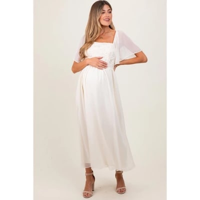 Target PinkBlush Cream Floral Applique Flutter Sleeved Maternity Midi Dress Cream Small