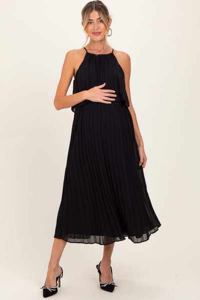 PinkBlush Black Pleated Woven Maternity Midi Dress