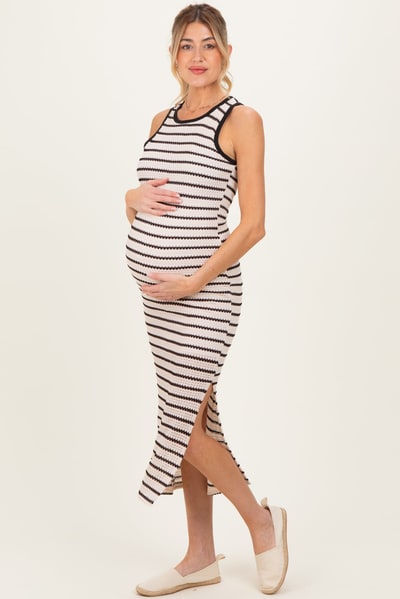 PinkBlush Cream/Mocha Striped Contrast Ribbed Knit Sleeveless Maternity Maxi Dress