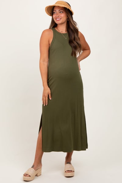PinkBlush Olive Sleeveless Side Slit Maternity Midi Dress