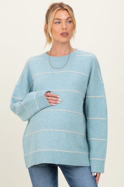 PinkBlush Light Blue Striped Drop Shoulder Maternity Sweater