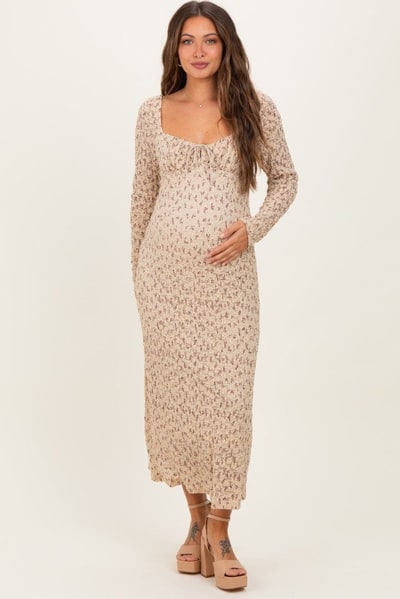 PinkBlush Beige Floral Sweetheart Neckline Long Sleeve Maternity Maxi Dress